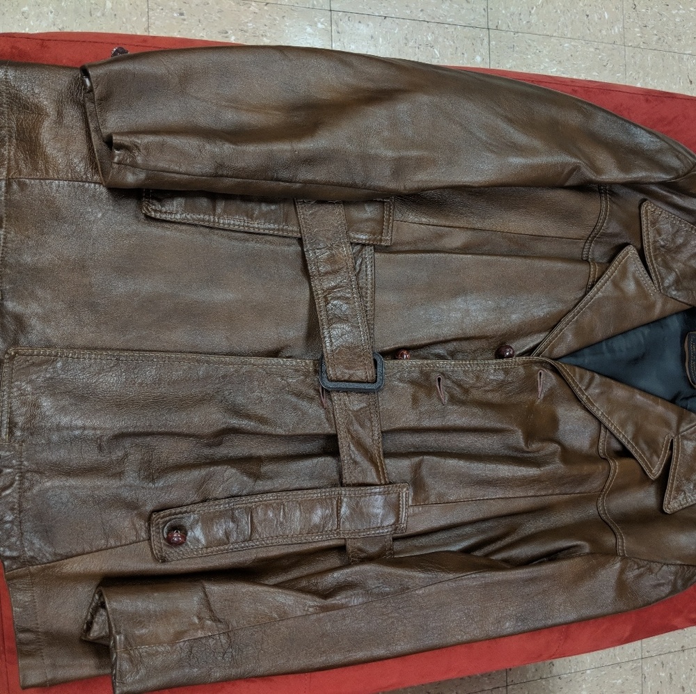 Brown leather trench coat